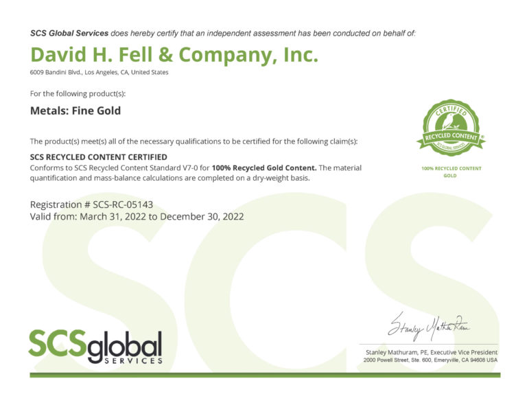 David H. Fell & Co. have achieved the SCS Recycled Certifications!