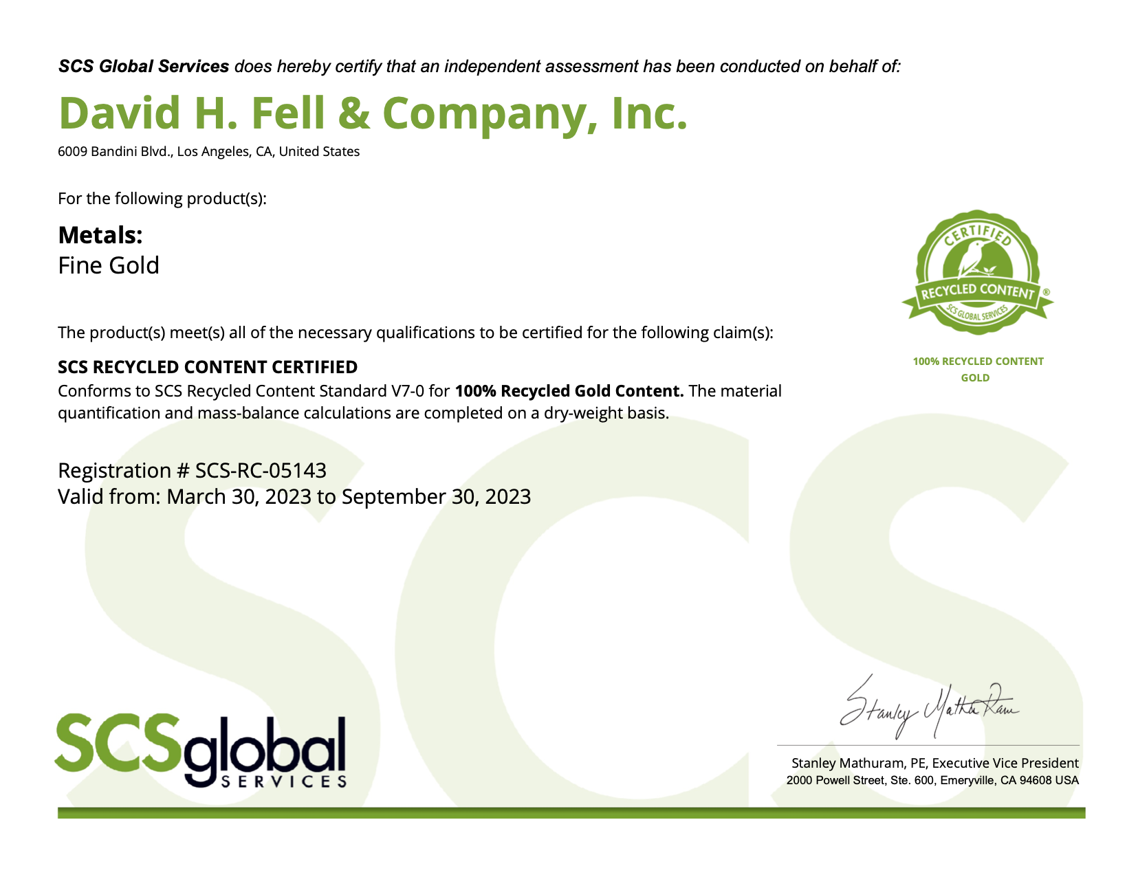 David H. Fell & Co. have achieved the SCS Recycled Certifications!