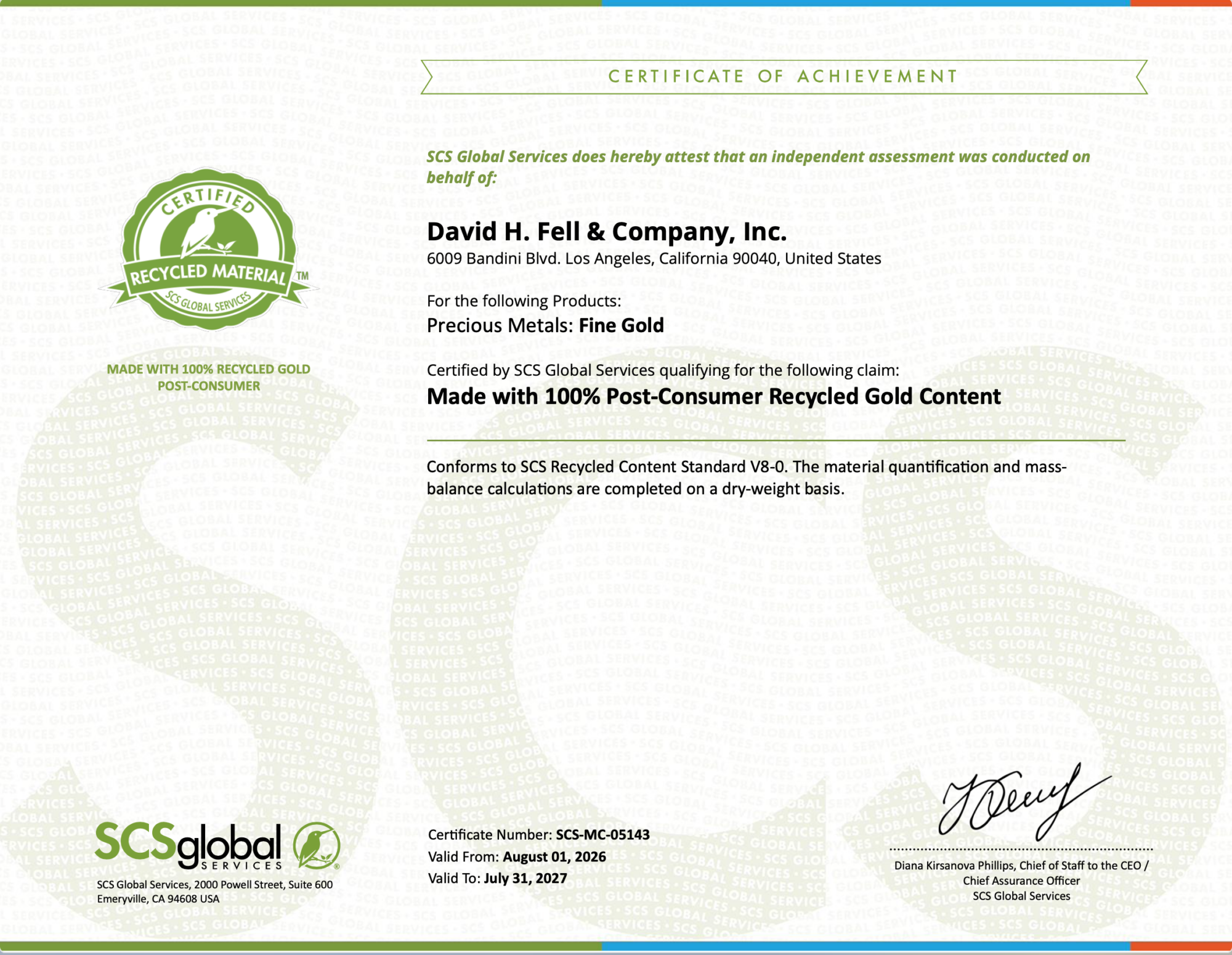 David H. Fell & Co. have achieved the SCS Recycled Certifications!