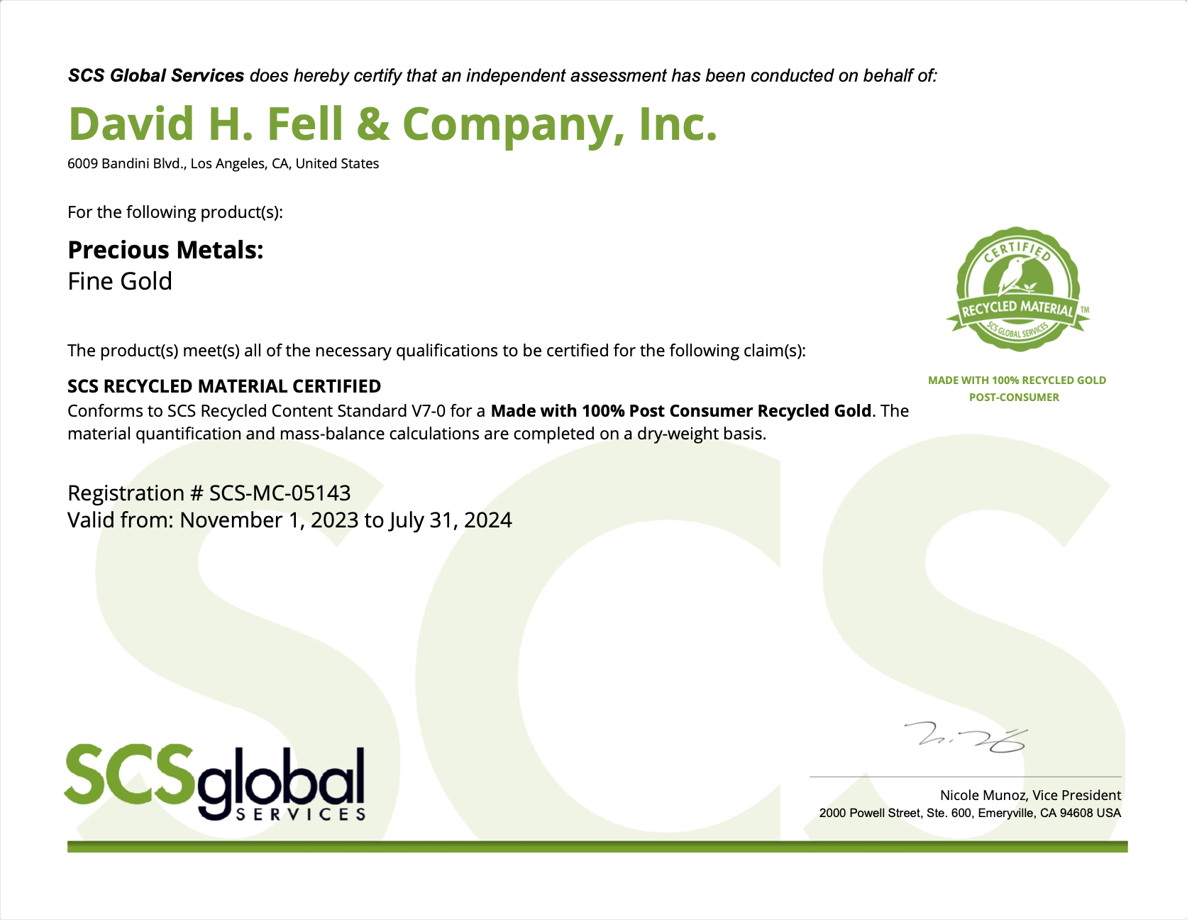 David H. Fell & Co. have achieved the SCS Recycled Certifications!